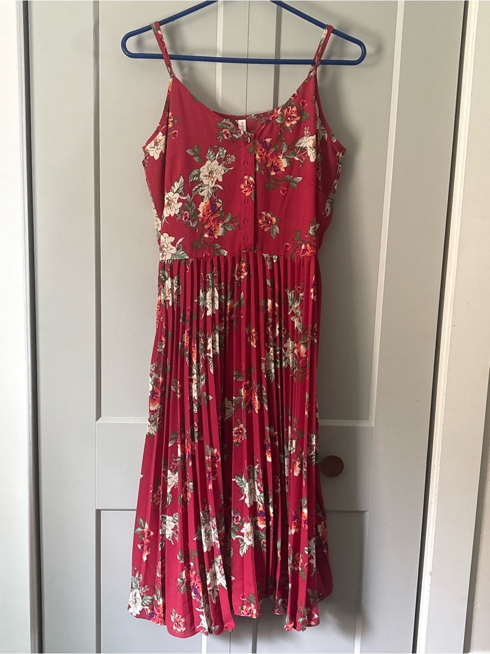 Xhilaration Red Floral Midi Dress with Pleated Skirt